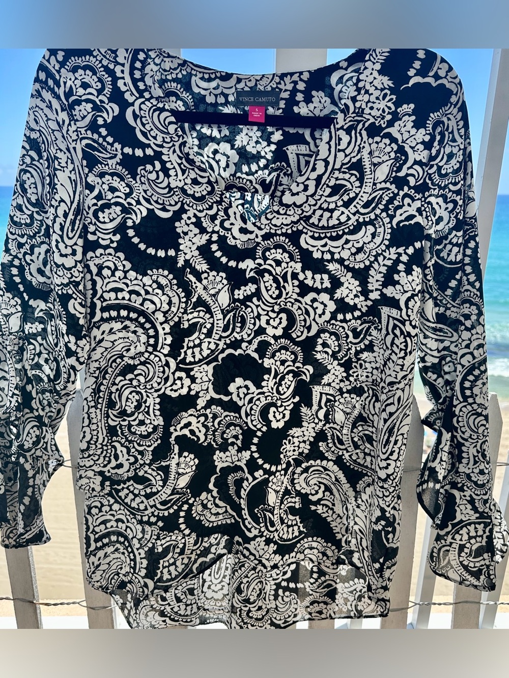 Vince Camuto Flowy Ruffle Black and White Paisley Print Blouse
